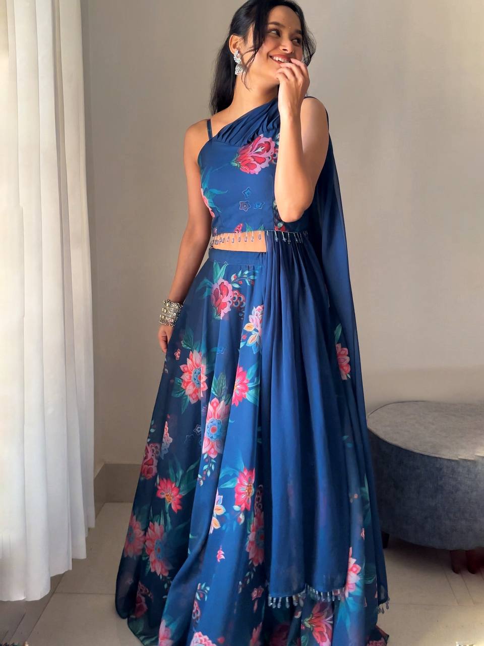 Blue Fully Stitched Floral Digital Printed Georgette Lehenga Set - ETHNICDEAL