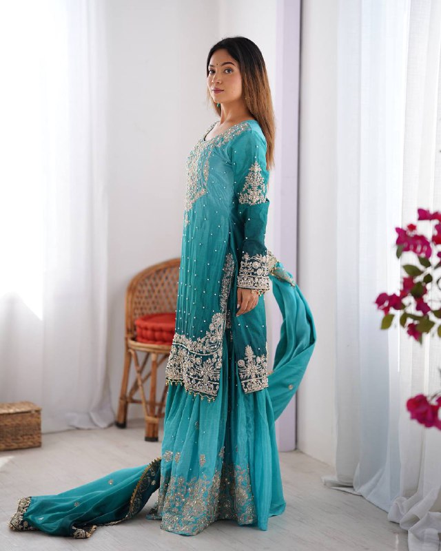 Elegant Chinon Silk Cording Sequins Pearl Worked Top Palazzo Set - ETHNICDEAL