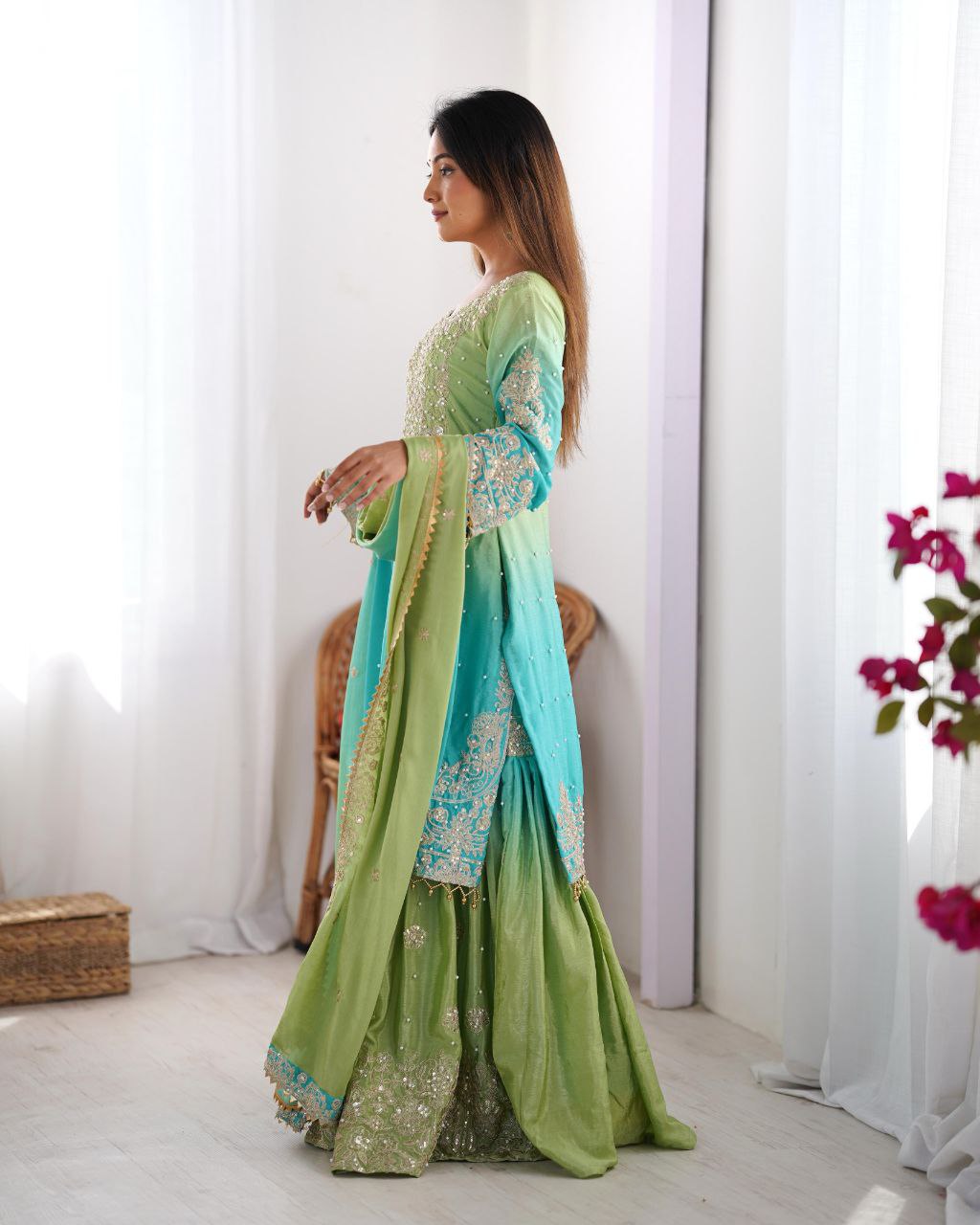 Elegant Chinon Silk Cording Sequins Pearl Worked Top Palazzo Set - ETHNICDEAL