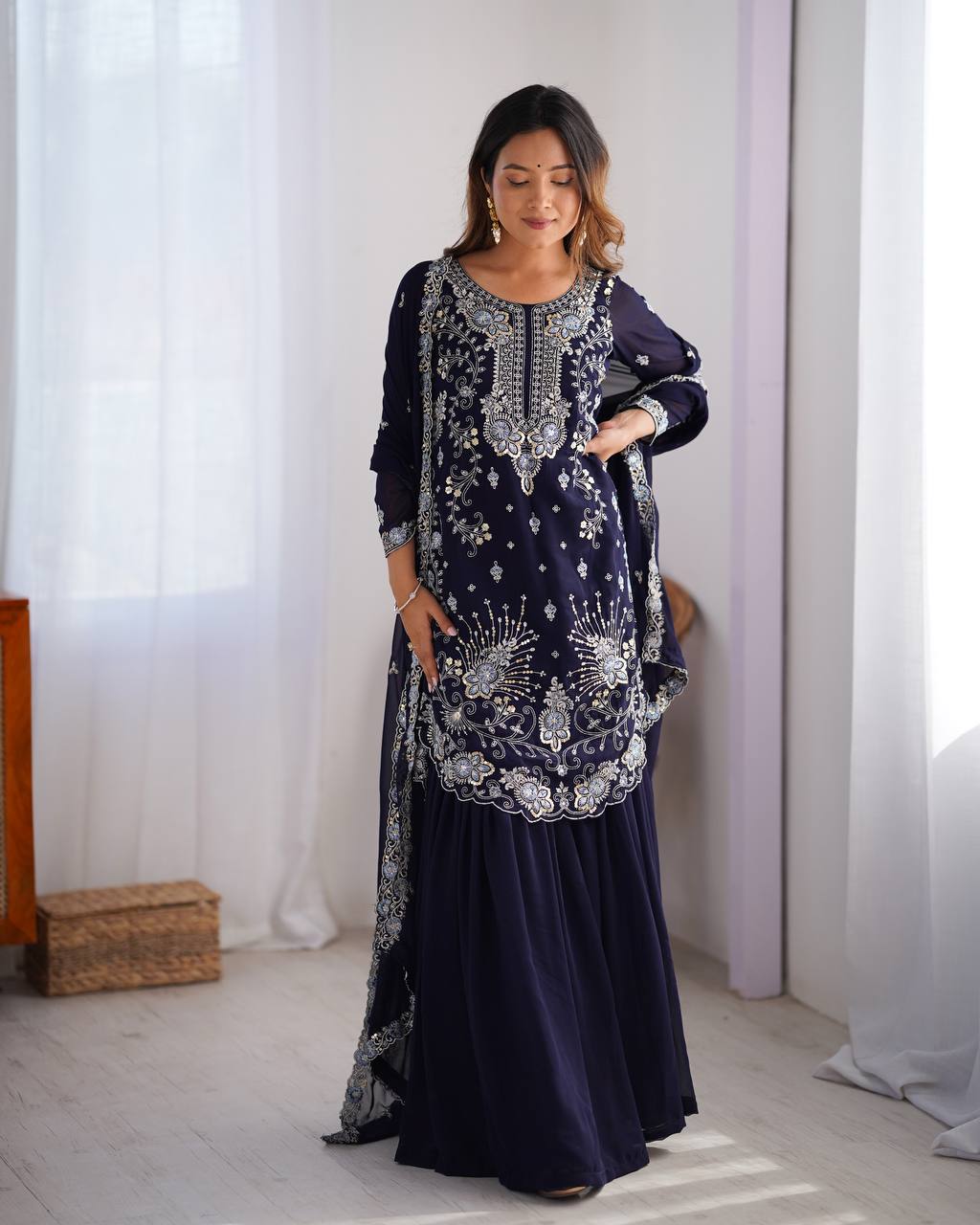 Gorgeous Faux Georgette Thread Sequins Worked Sharara Set - ETHNICDEAL