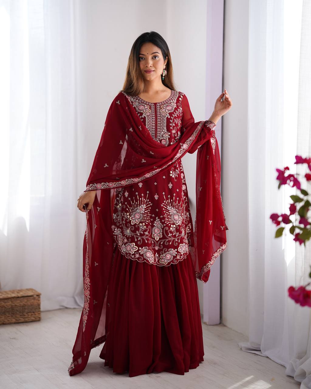 Gorgeous Faux Georgette Thread Sequins Worked Sharara Set - ETHNICDEAL