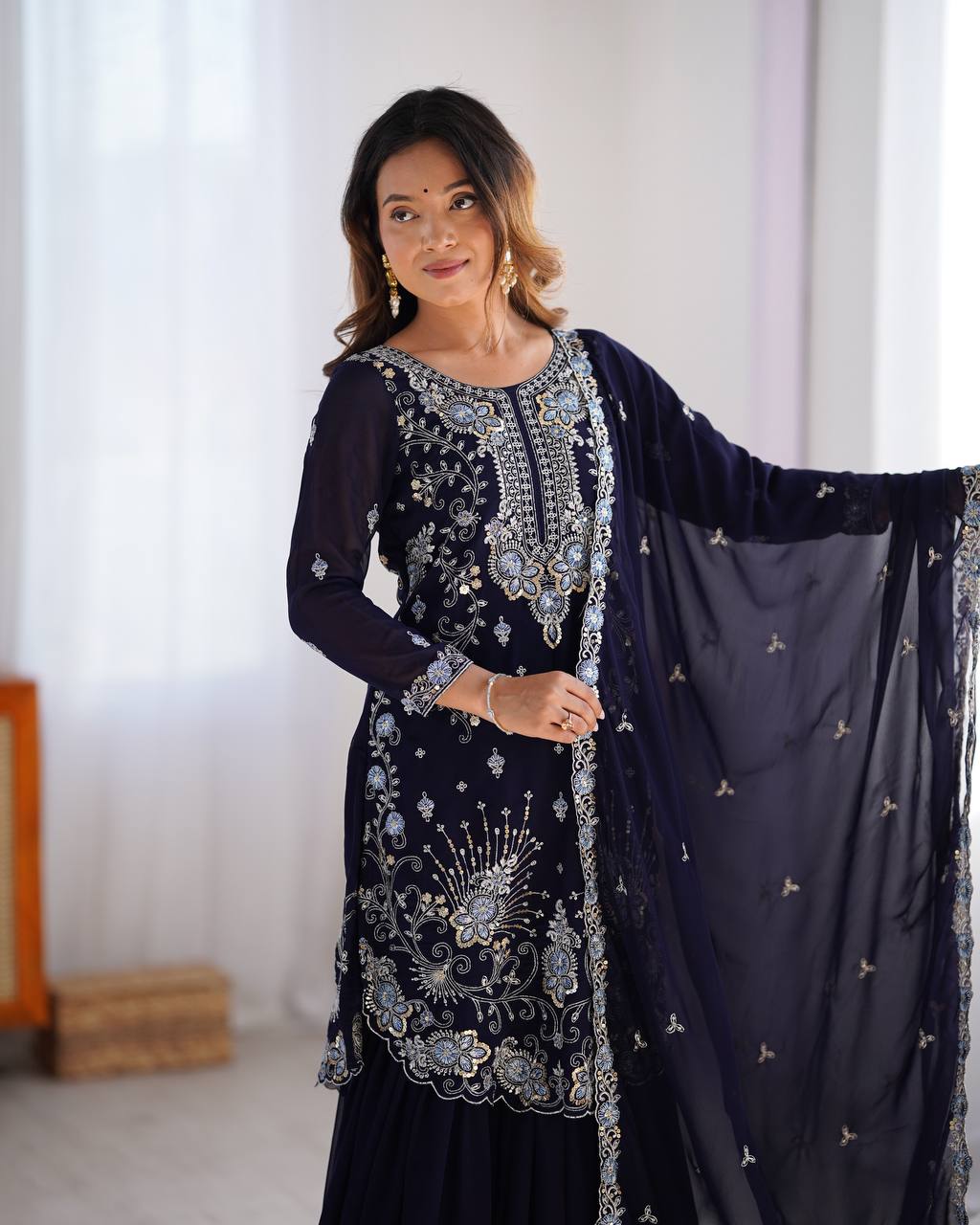 Gorgeous Faux Georgette Thread Sequins Worked Sharara Set - ETHNICDEAL