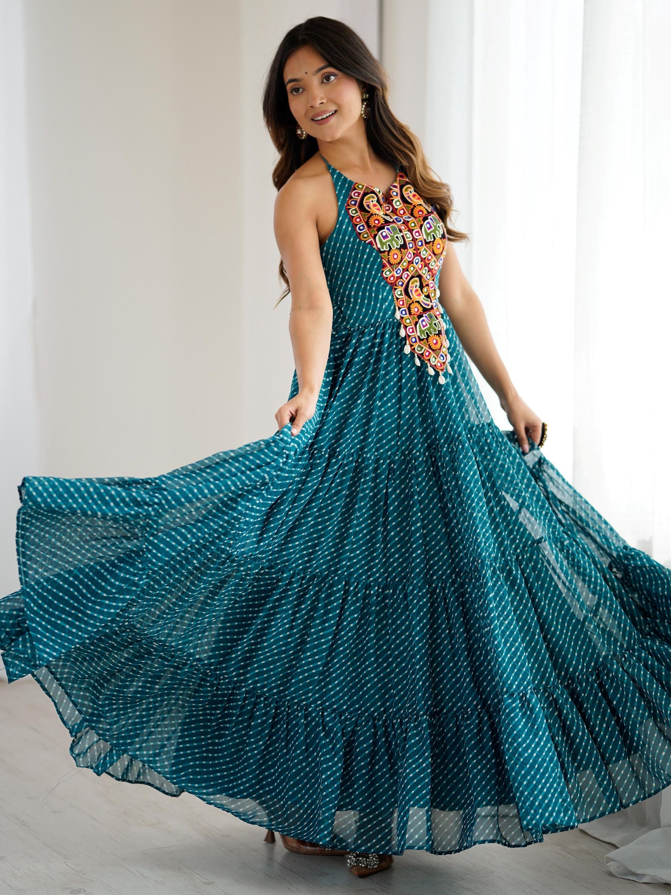 Precious Blue Digital Printed Georgette Navratri Special Gown