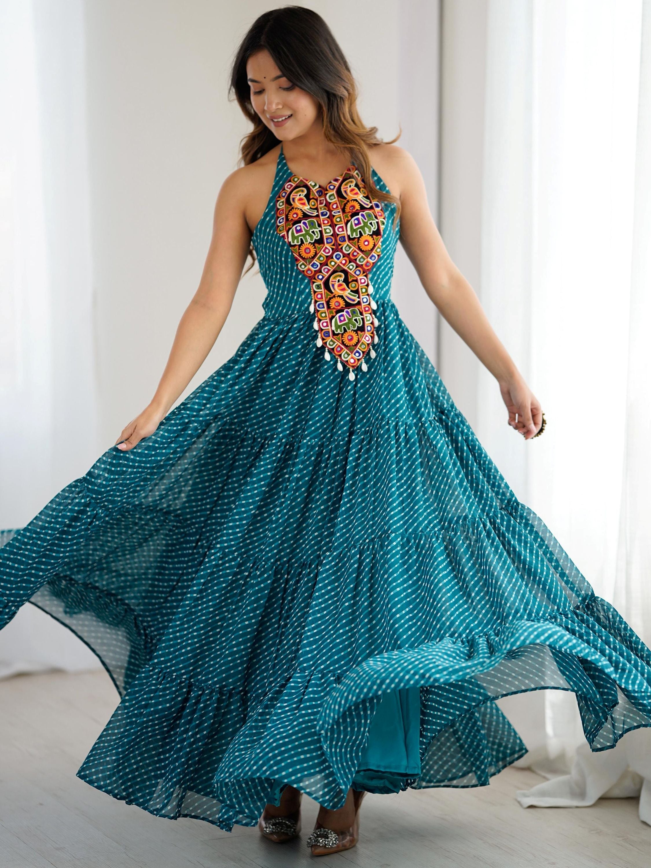 Precious Blue Digital Printed Georgette Navratri Special Gown