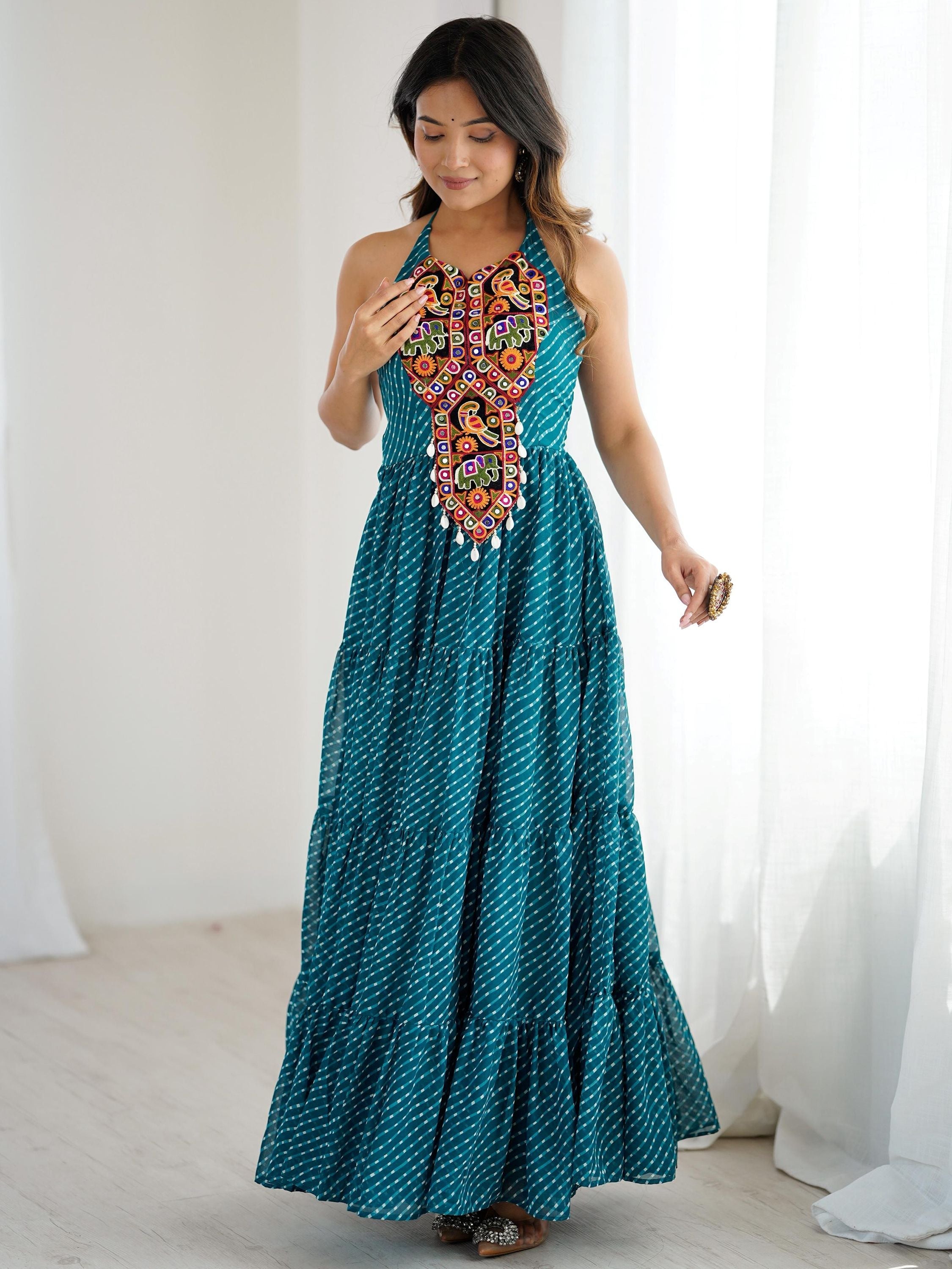 Precious Blue Digital Printed Georgette Navratri Special Gown