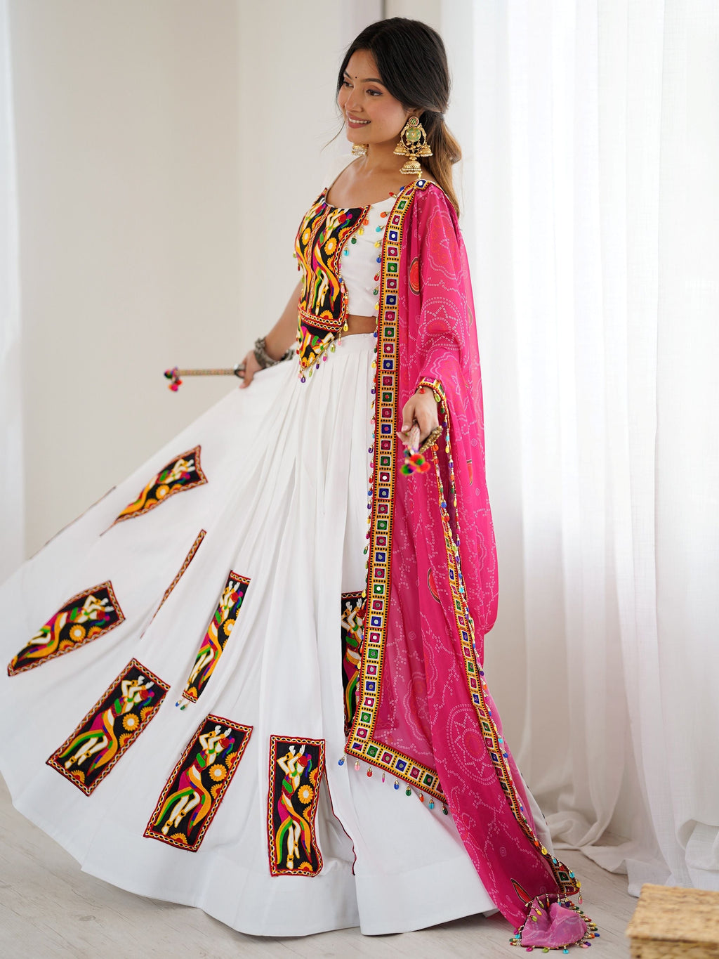 Magnetic White Gamthi Work Rayon Navratri Lehenga Choli With Dupatta