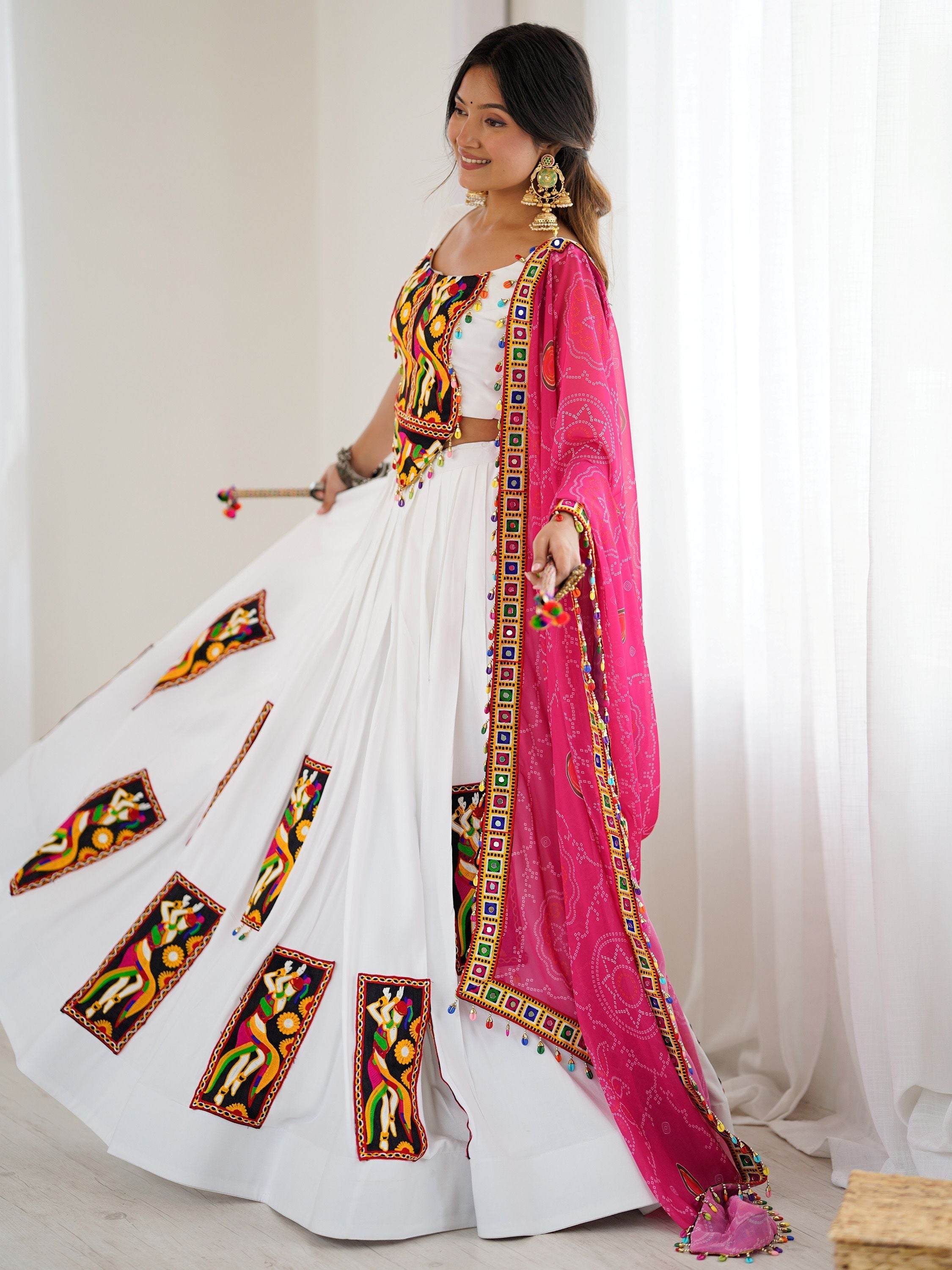 Magnetic White Gamthi Work Rayon Navratri Lehenga Choli With Dupatta