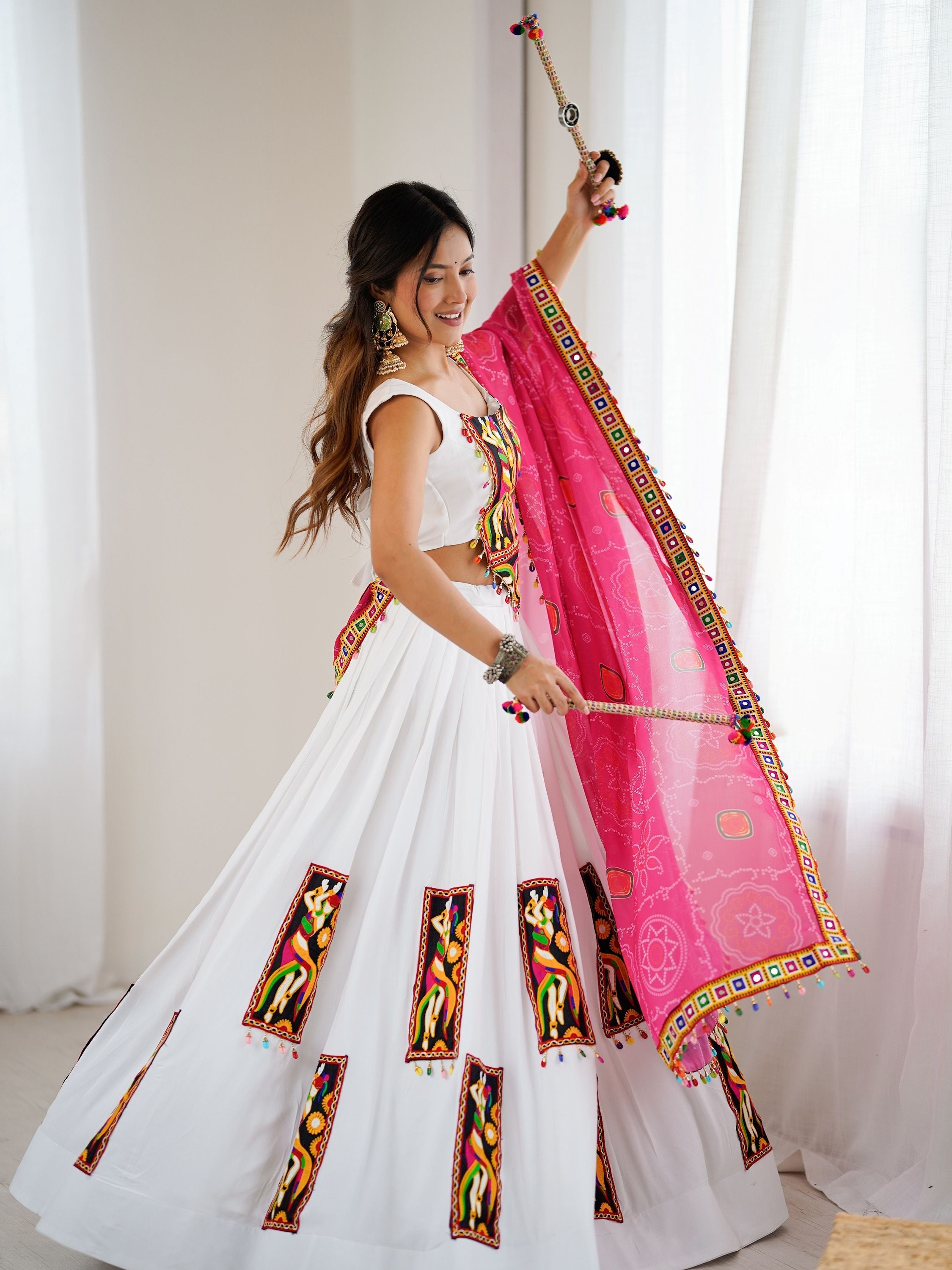 Magnetic White Gamthi Work Rayon Navratri Lehenga Choli With Dupatta