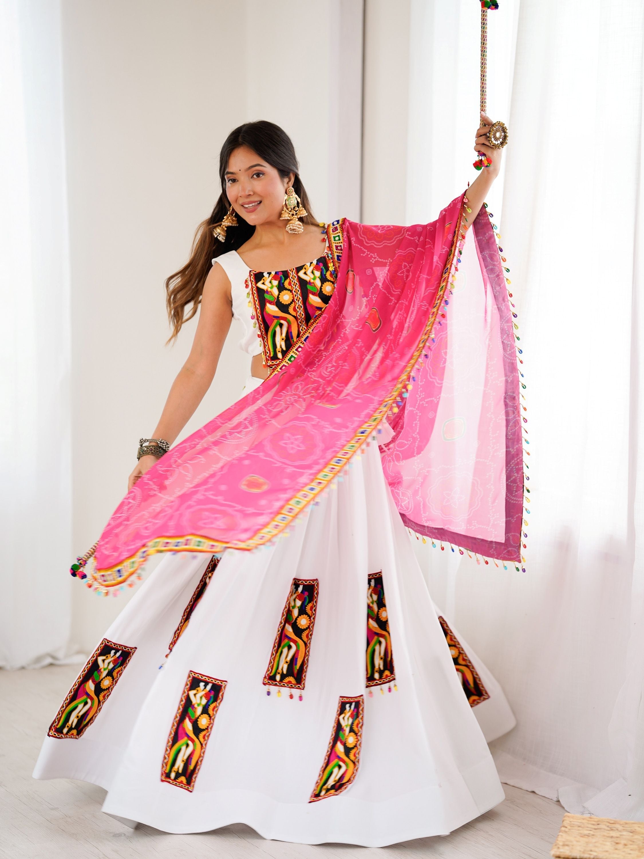 Magnetic White Gamthi Work Rayon Navratri Lehenga Choli With Dupatta