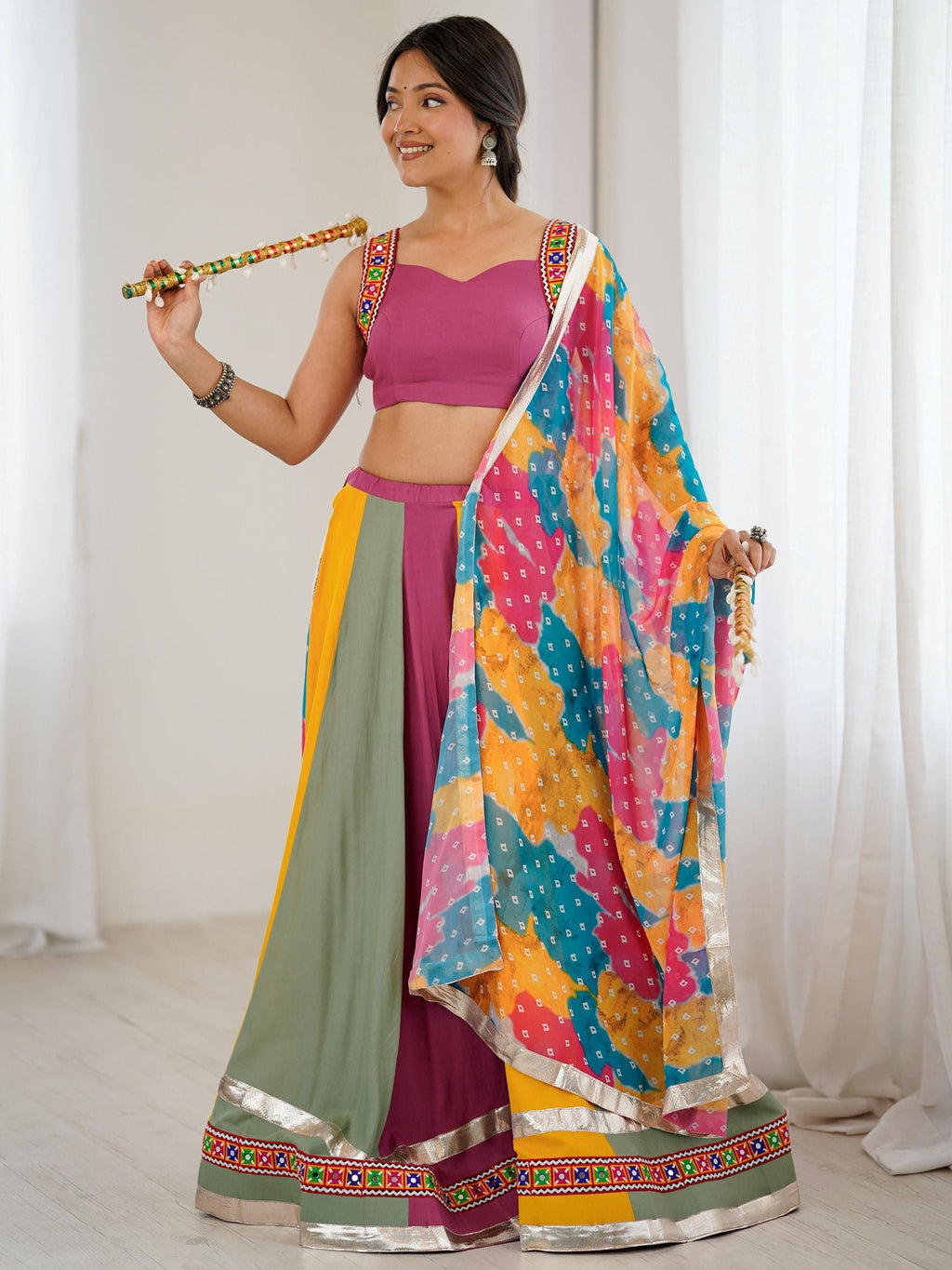 Stylish Multi-Color Rayon Navratri Wear Lehenga Choli With Printed Dupatta