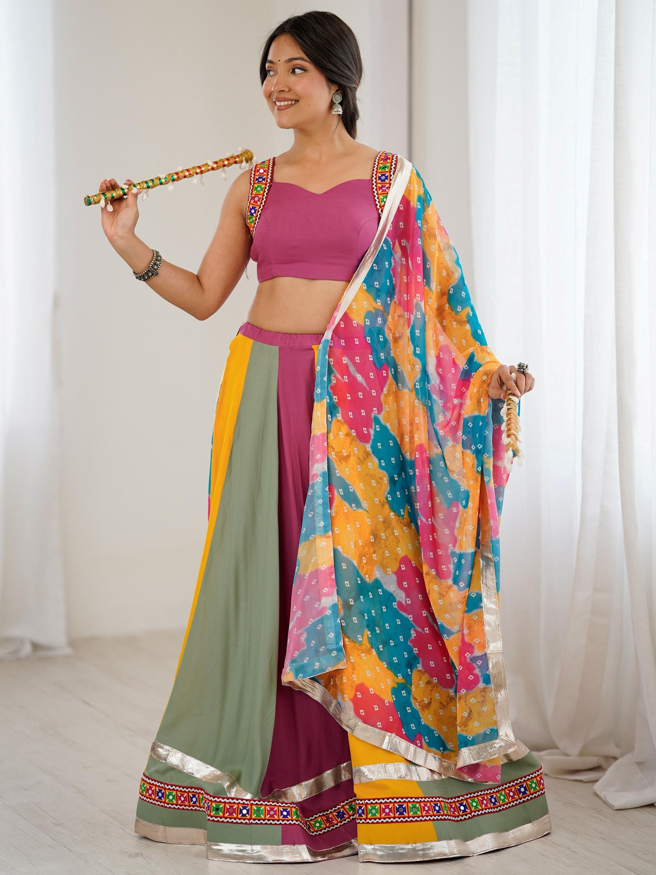 Stylish Multi-Color Rayon Navratri Wear Lehenga Choli With Printed Dupatta
