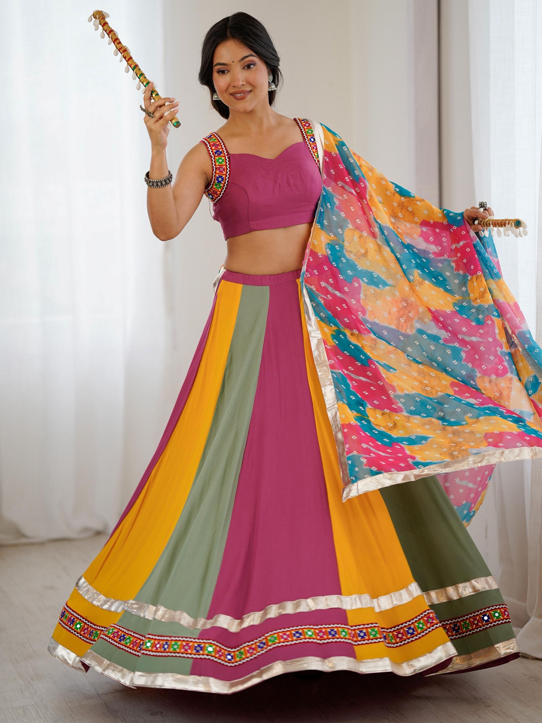 Stylish Multi-Color Rayon Navratri Wear Lehenga Choli With Printed Dupatta