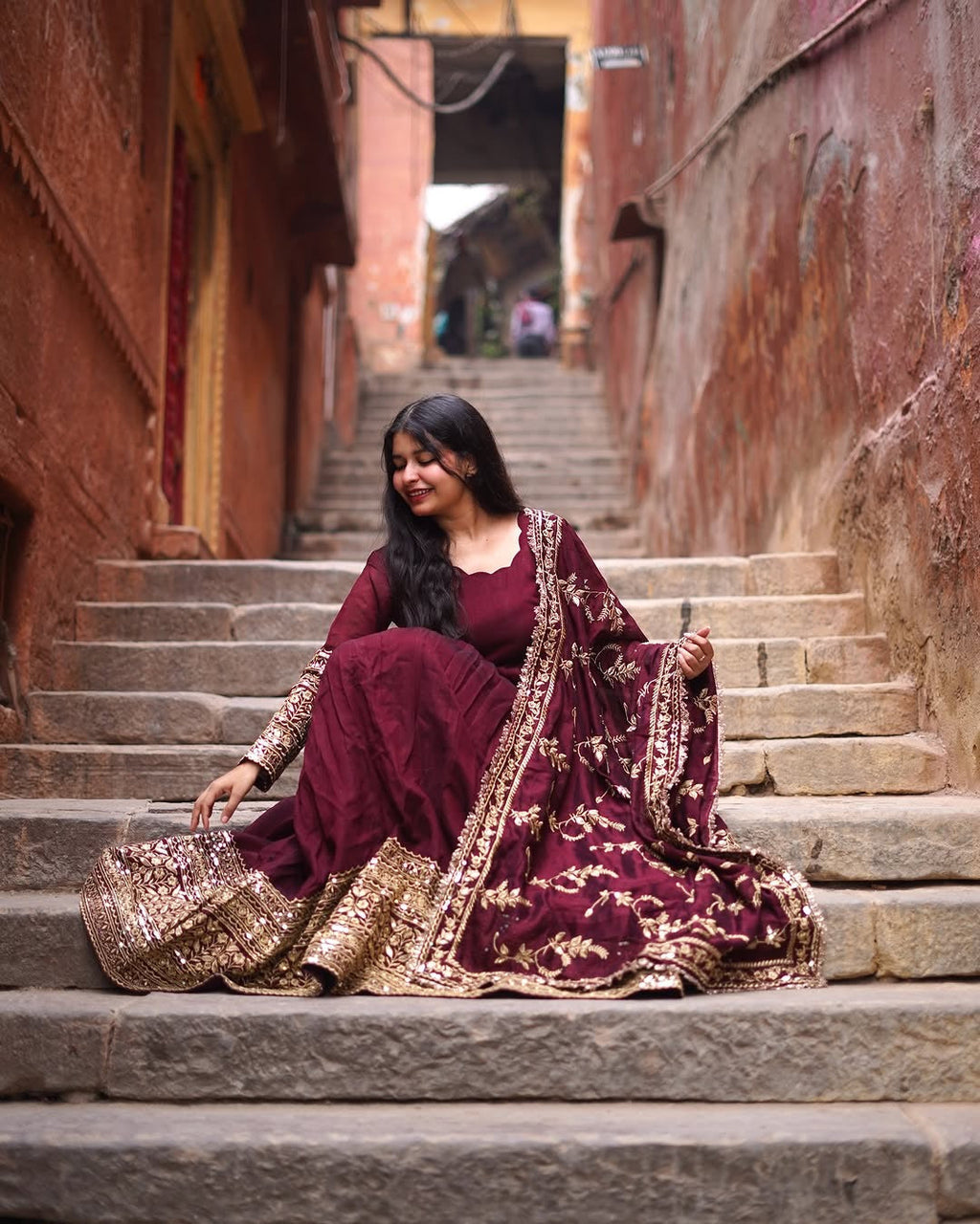 Alluring Maroon Faux Georgette Sequins Embroidered Anarkali Suit - ETHNICDEAL