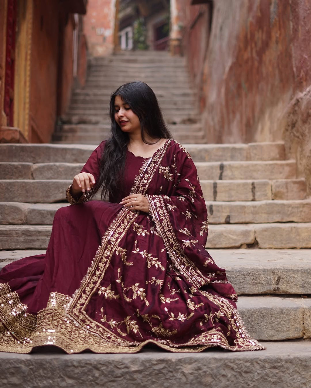 Alluring Maroon Faux Georgette Sequins Embroidered Anarkali Suit - ETHNICDEAL