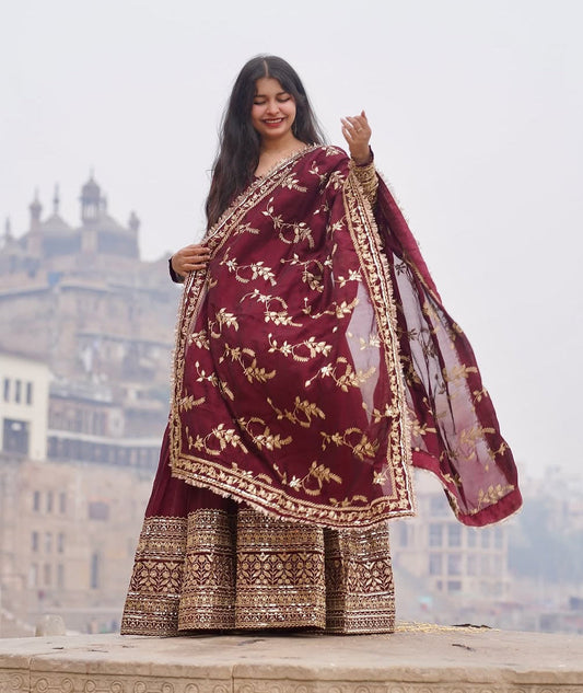 Alluring Maroon Faux Georgette Sequins Embroidered Anarkali Suit - ETHNICDEAL