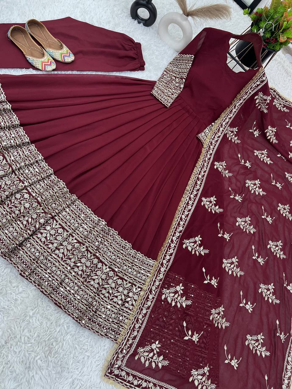 Alluring Maroon Faux Georgette Sequins Embroidered Anarkali Suit - ETHNICDEAL