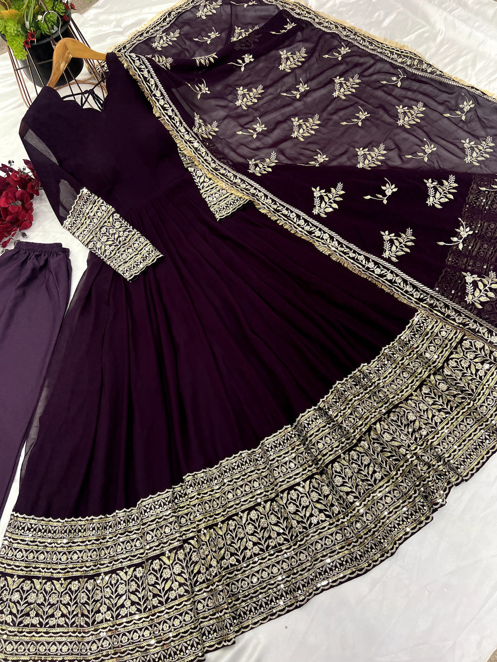 Fabulous Wine Faux Georgette Sequins Embroidered Anarkali Suit - ETHNICDEAL