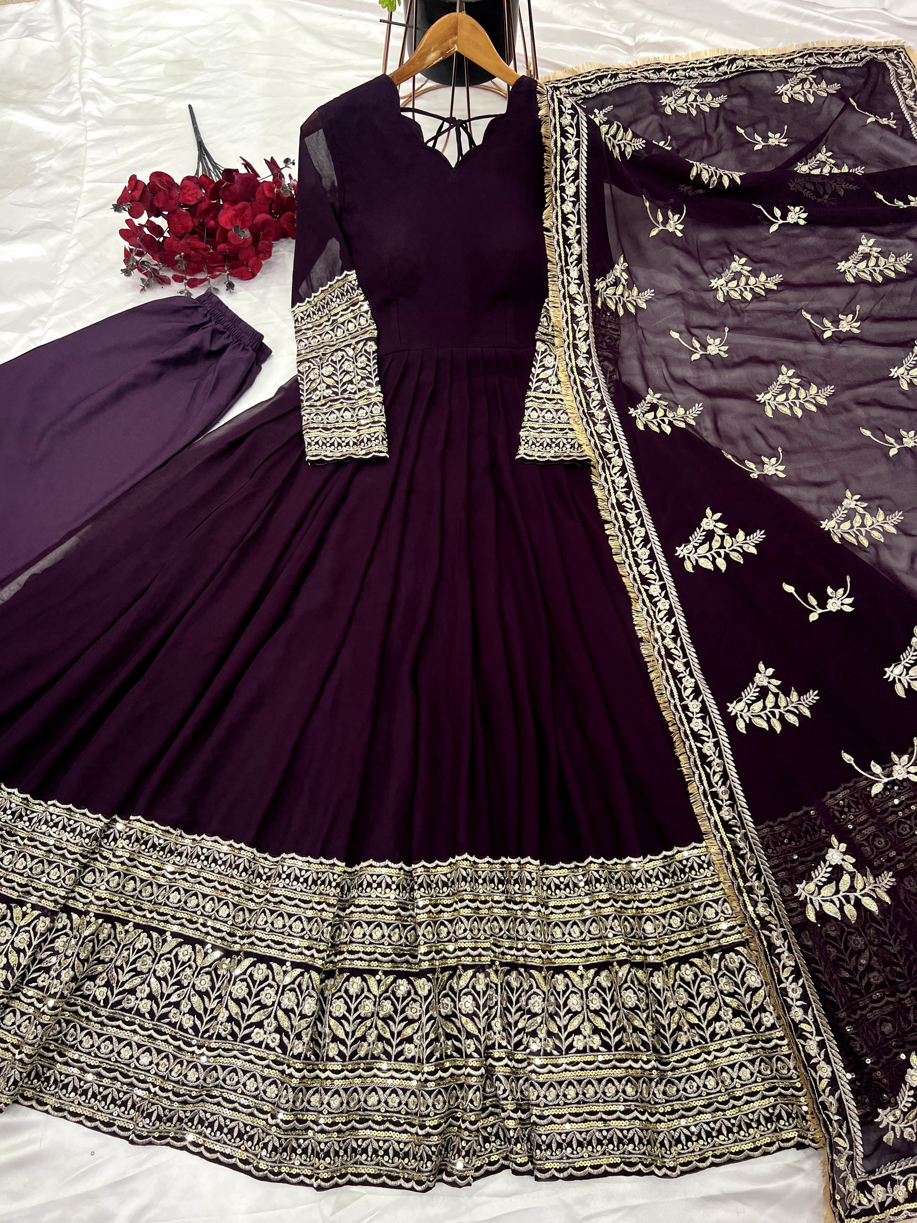 Fabulous Wine Faux Georgette Sequins Embroidered Anarkali Suit - ETHNICDEAL