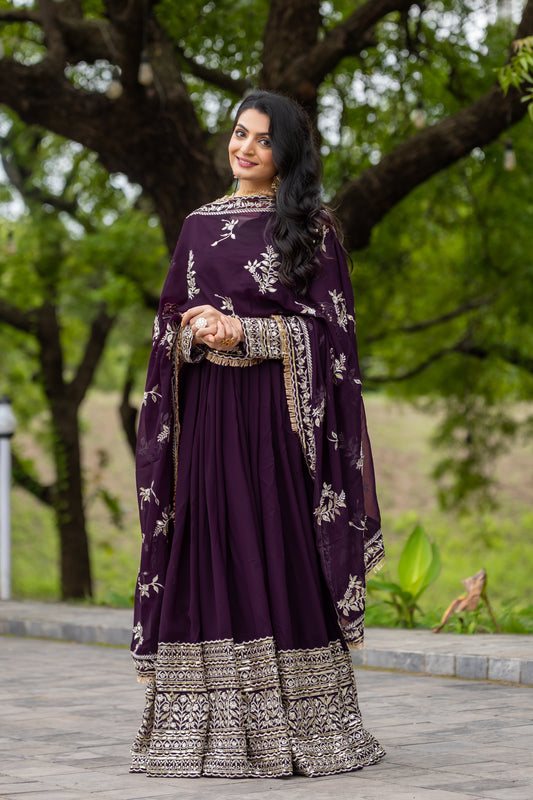 Fabulous Wine Faux Georgette Sequins Embroidered Anarkali Suit - ETHNICDEAL