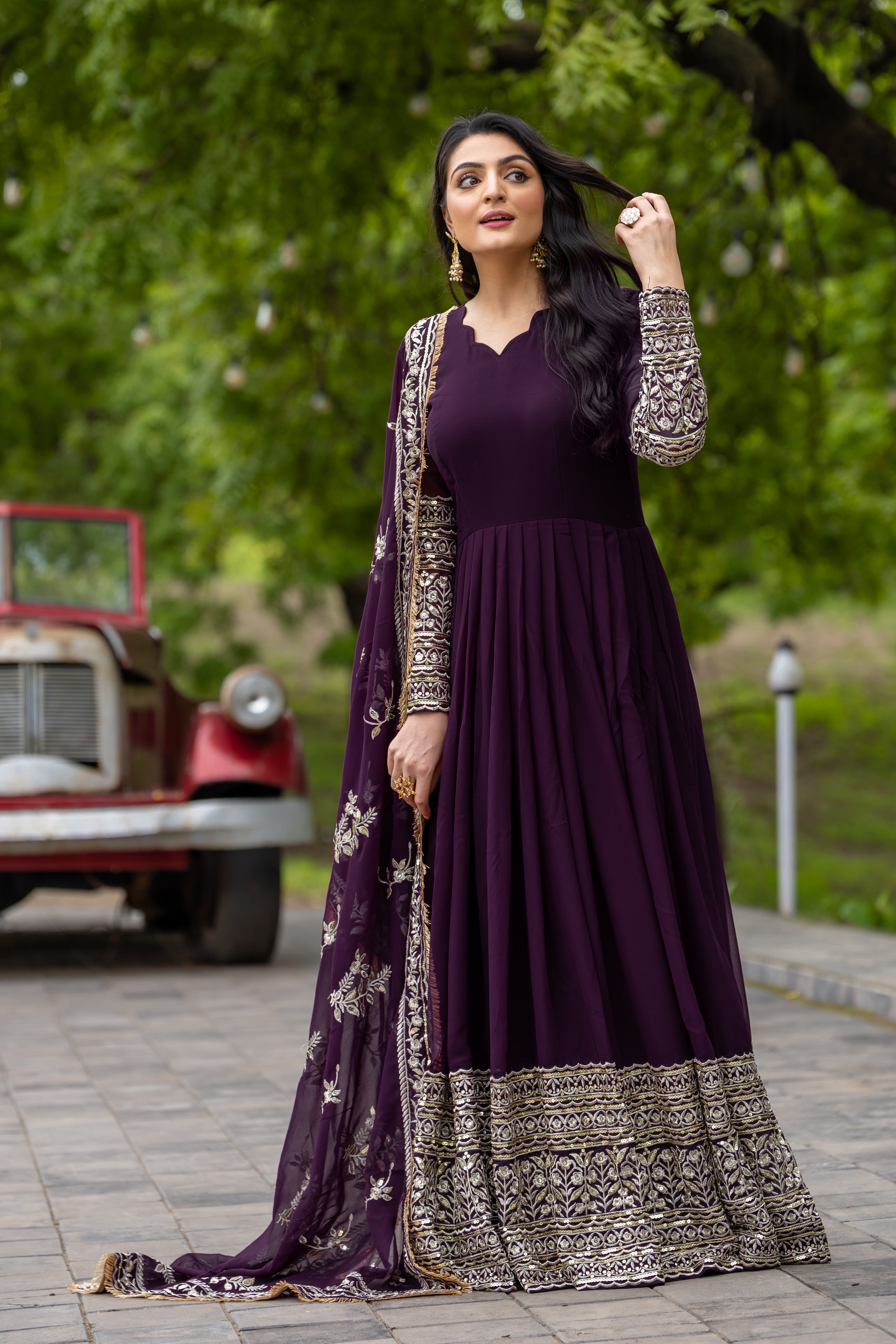 Fabulous Wine Faux Georgette Sequins Embroidered Anarkali Suit - ETHNICDEAL