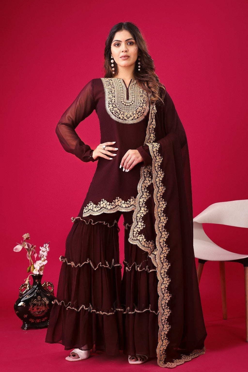 Fabulous Maroon Faux Georgette Sequins Embroidered Top Palazzo Suit - Ethnicwish