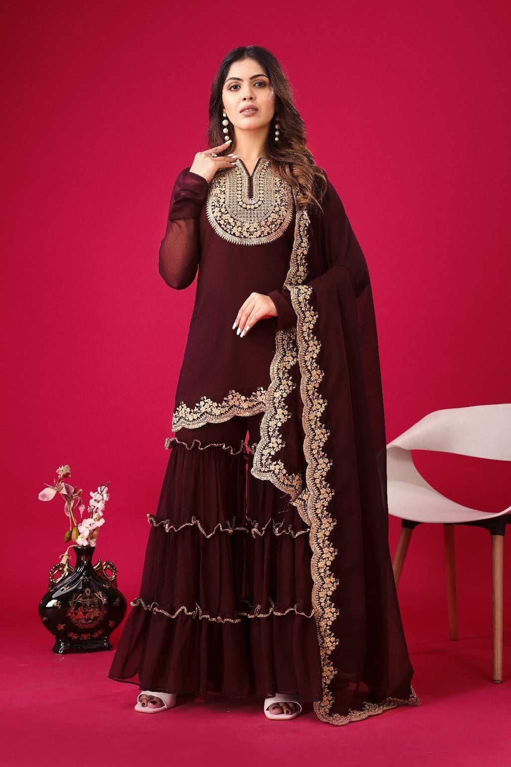 Fabulous Maroon Faux Georgette Sequins Embroidered Top Palazzo Suit - Ethnicwish