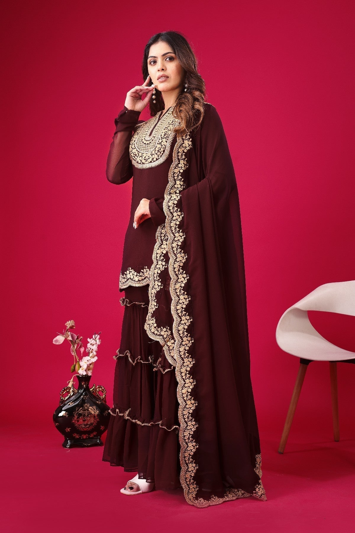 Fabulous Maroon Faux Georgette Sequins Embroidered Top Palazzo Suit - Ethnicwish