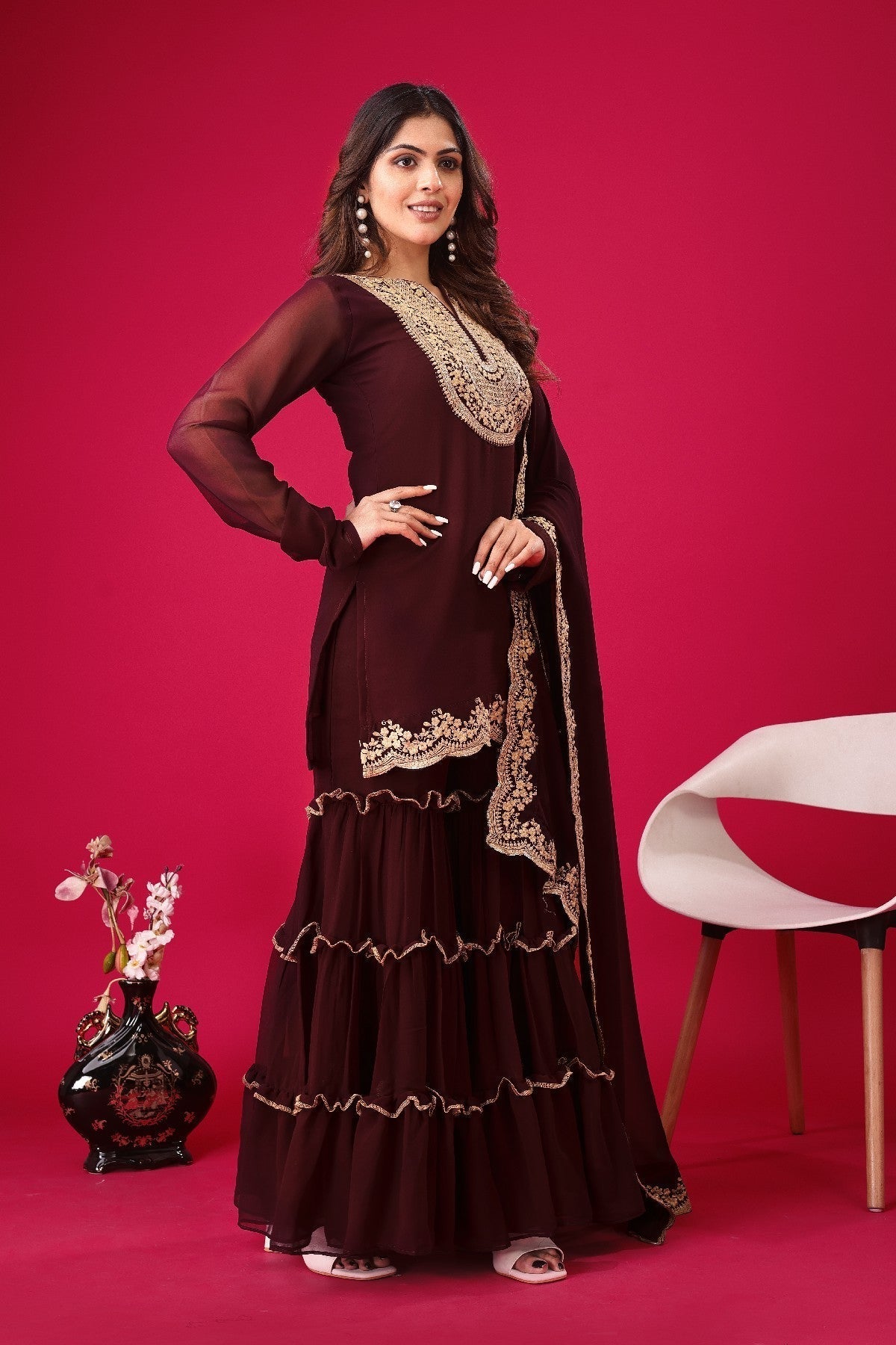 Fabulous Maroon Faux Georgette Sequins Embroidered Top Palazzo Suit - Ethnicwish