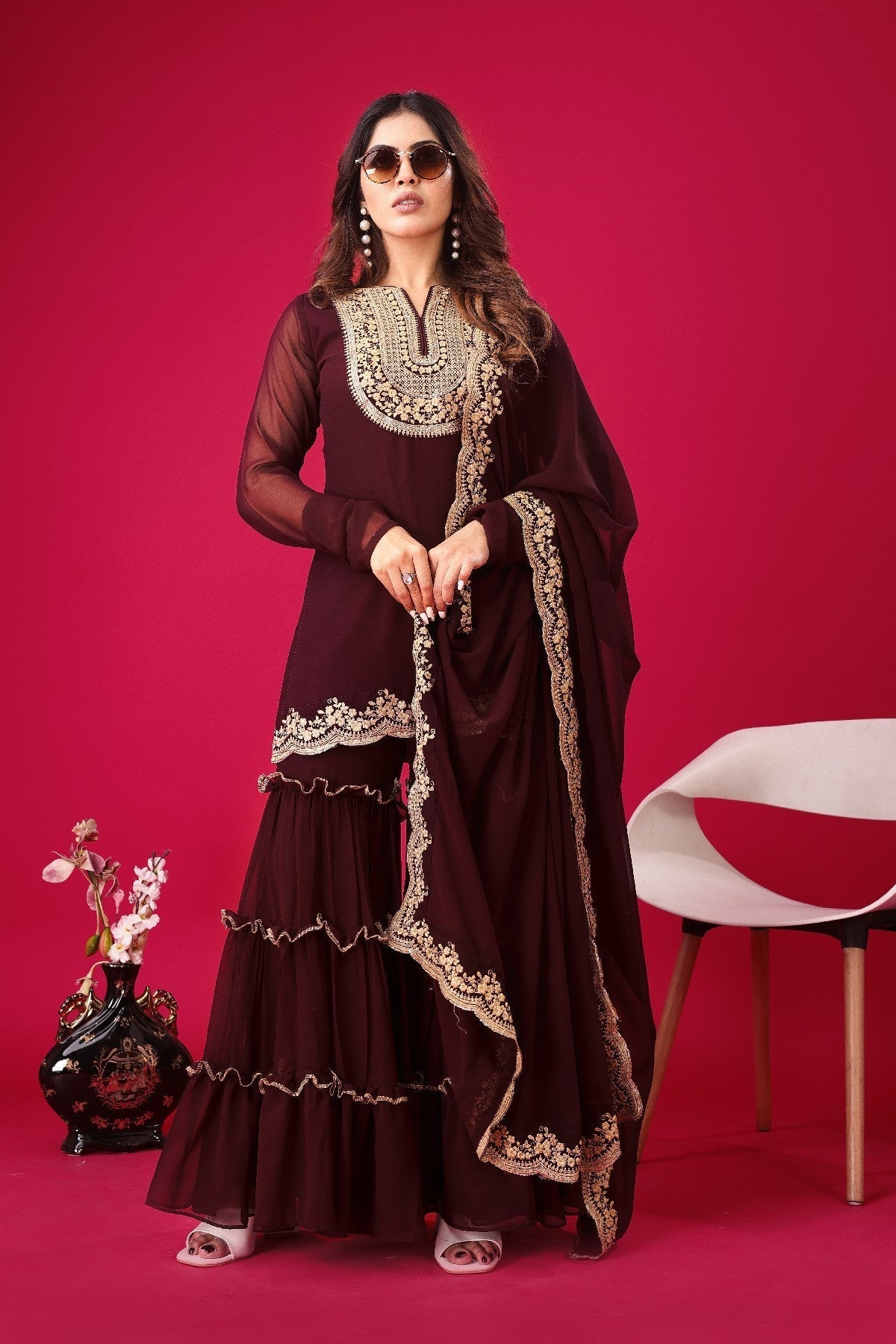 Fabulous Maroon Faux Georgette Sequins Embroidered Top Palazzo Suit - Ethnicwish