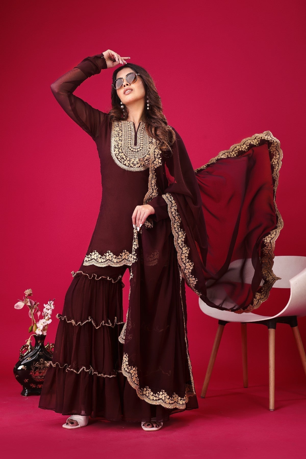 Fabulous Maroon Faux Georgette Sequins Embroidered Top Palazzo Suit - Ethnicwish