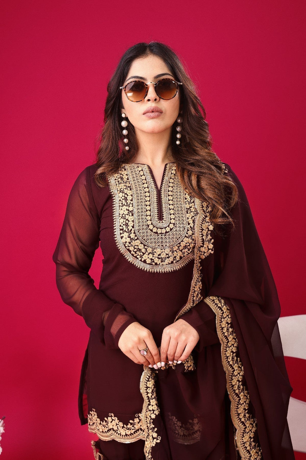 Fabulous Maroon Faux Georgette Sequins Embroidered Top Palazzo Suit - Ethnicwish