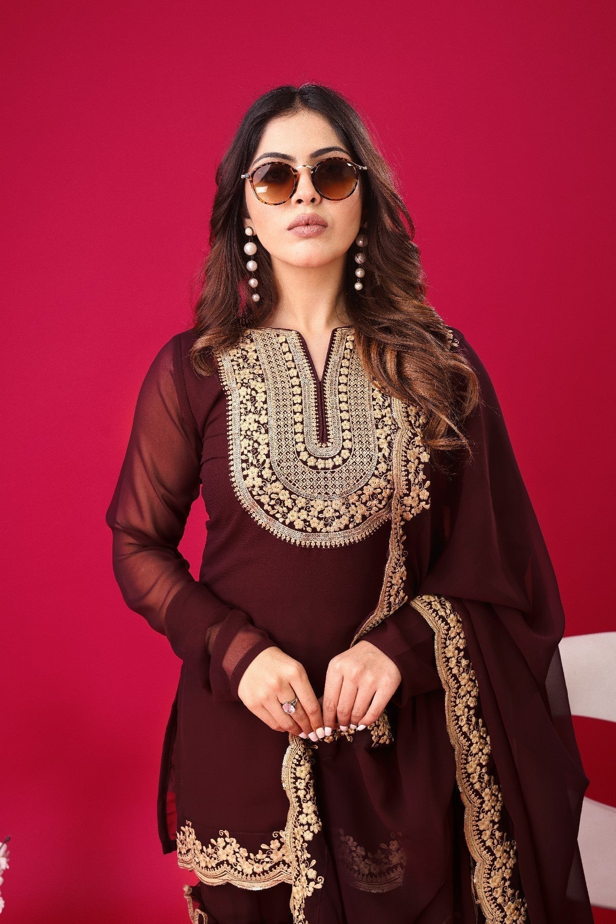 Fabulous Maroon Faux Georgette Sequins Embroidered Top Palazzo Suit - Ethnicwish