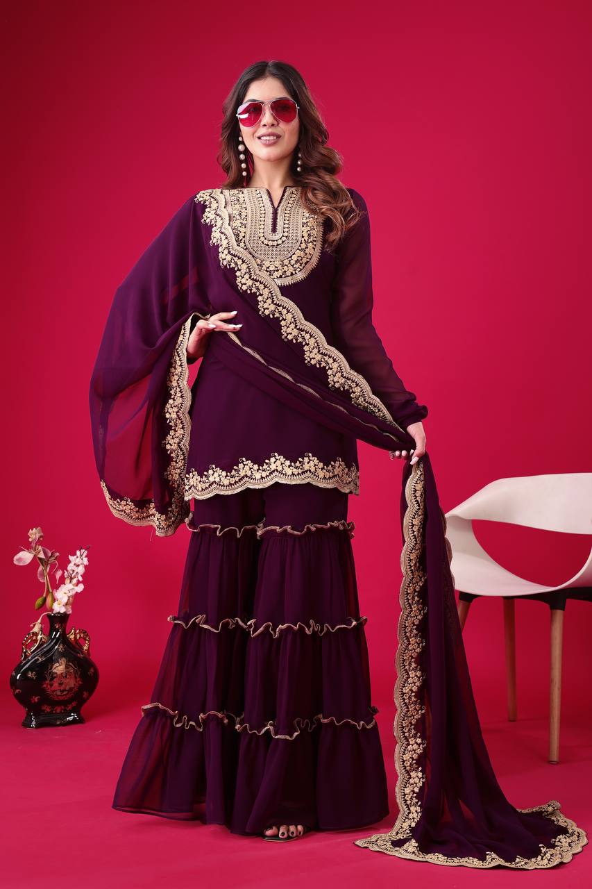 Stylish Wine Faux Georgette Sequins Embroidered Top Palazzo Suit - Ethnicwish