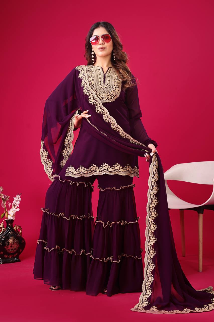 Stylish Wine Faux Georgette Sequins Embroidered Top Palazzo Suit - Ethnicwish