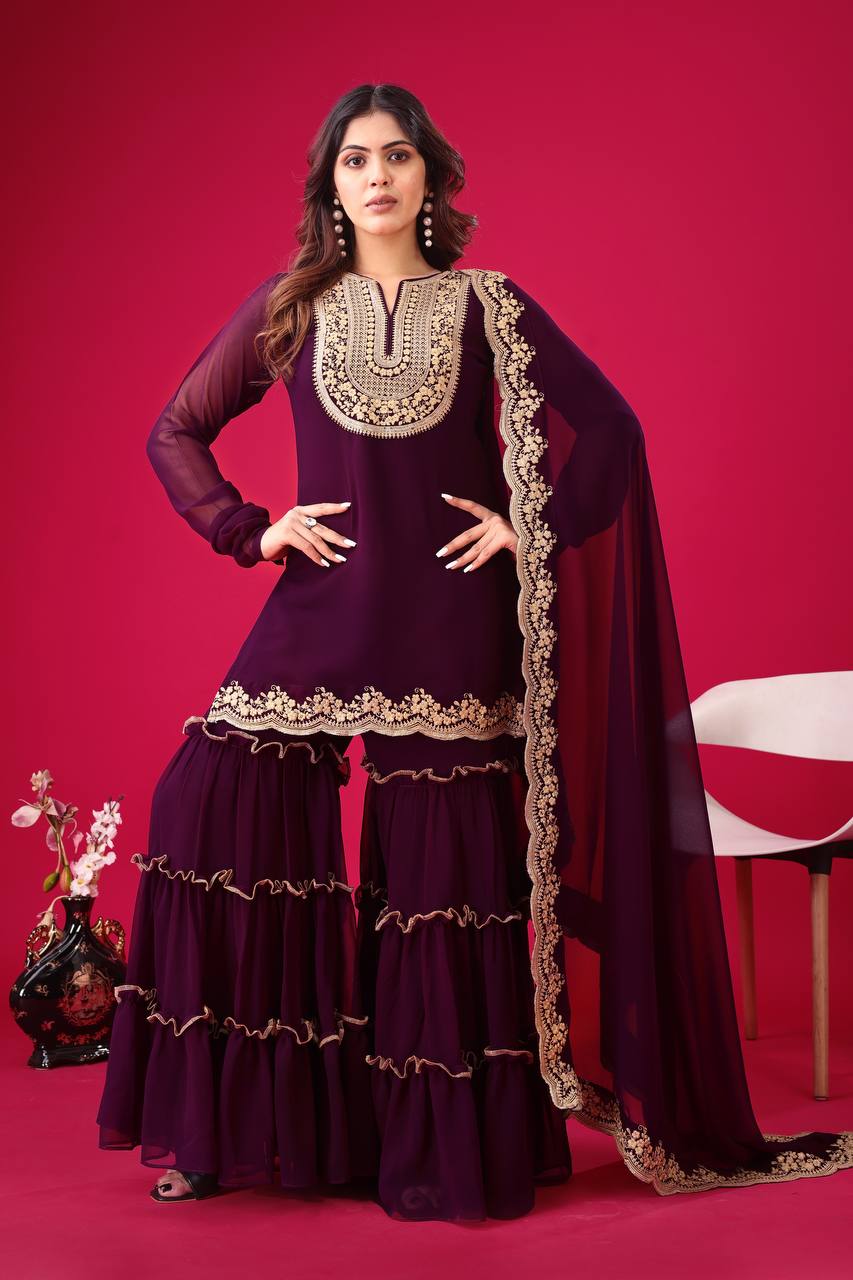 Stylish Wine Faux Georgette Sequins Embroidered Top Palazzo Suit - Ethnicwish