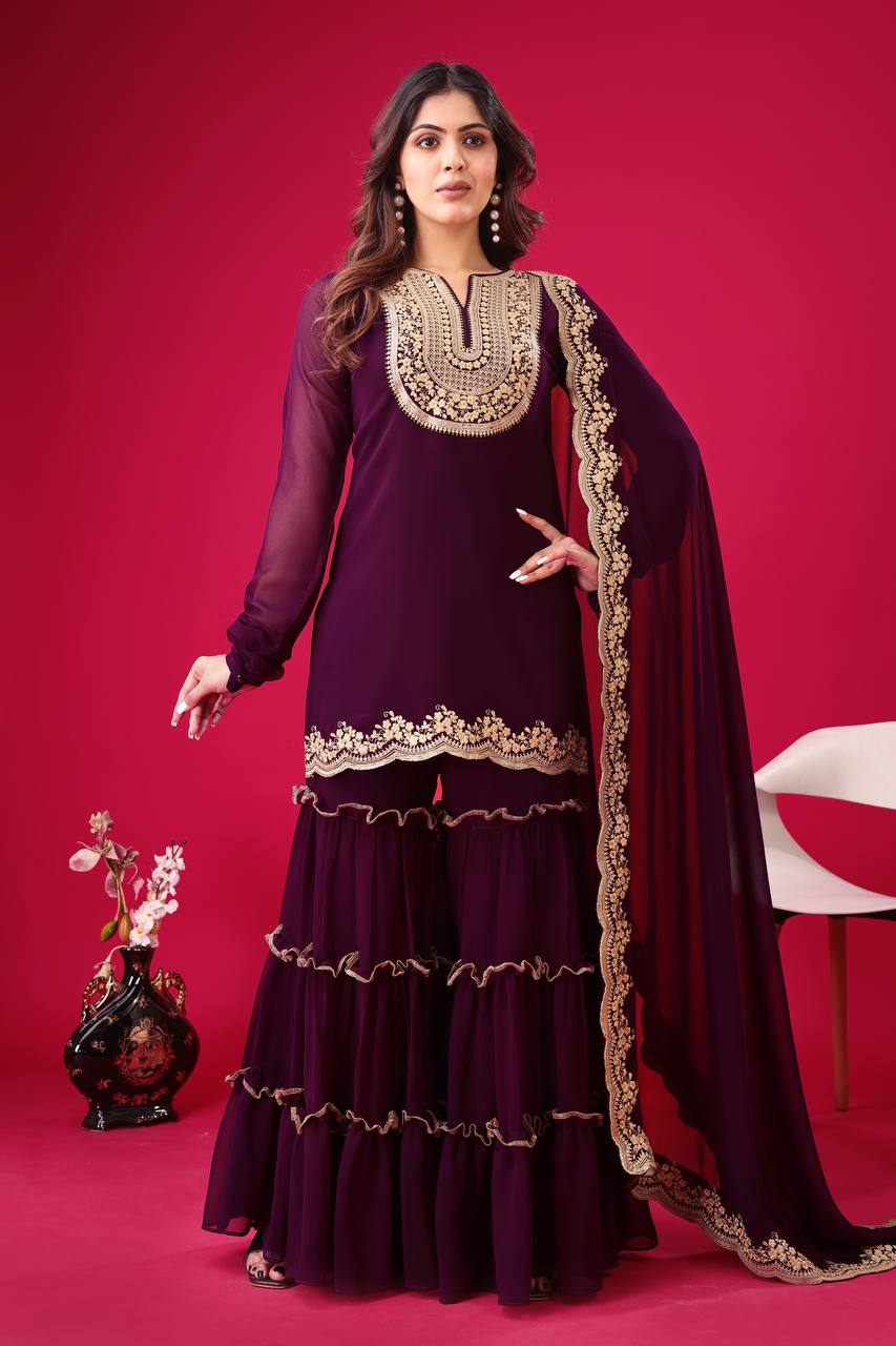 Stylish Wine Faux Georgette Sequins Embroidered Top Palazzo Suit - Ethnicwish