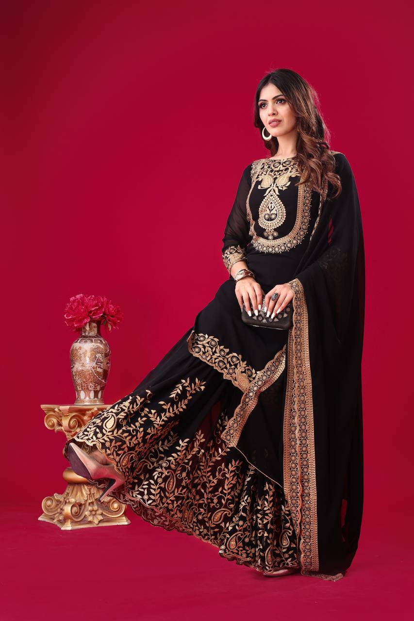 Ravishing Black Faux Georgette Sequins Embroidered Top Palazzo Suit - Ethnicwish