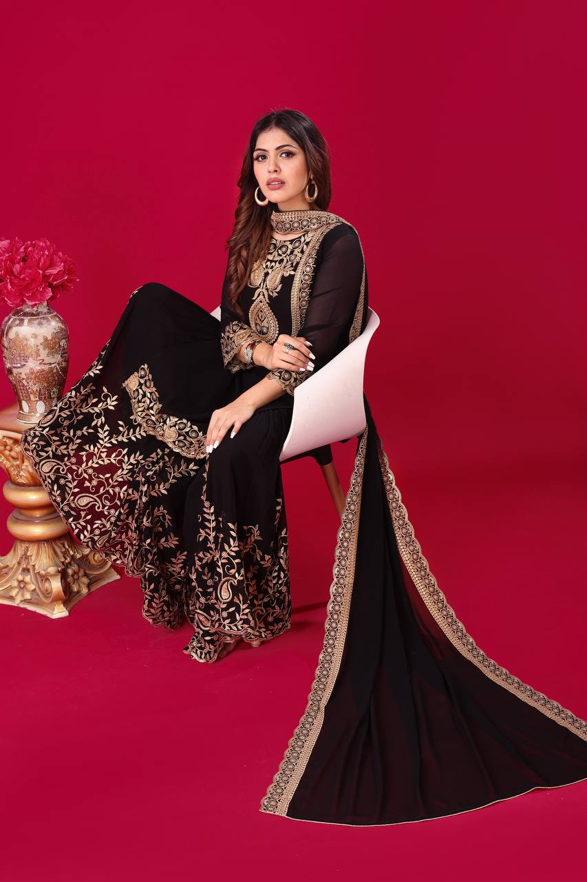 Ravishing Black Faux Georgette Sequins Embroidered Top Palazzo Suit - Ethnicwish