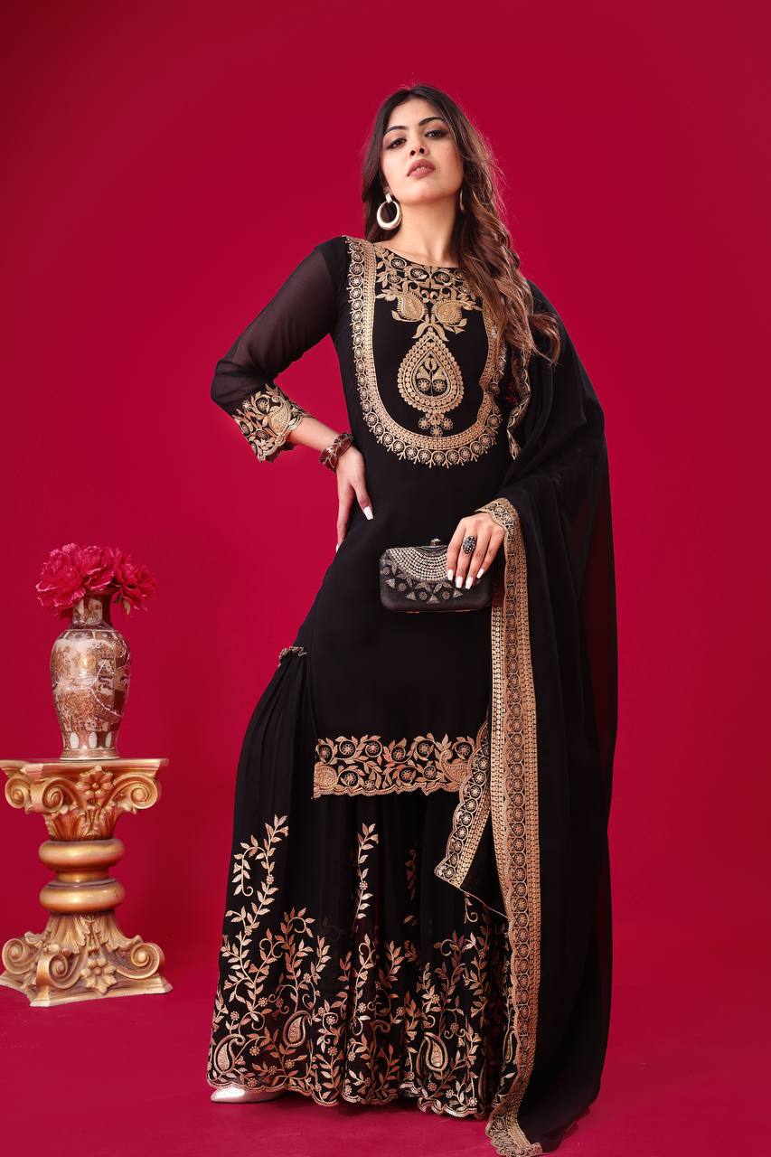 Ravishing Black Faux Georgette Sequins Embroidered Top Palazzo Suit - Ethnicwish