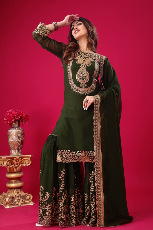 Divine Green Faux Georgette Sequins Embroidered Top Palazzo Suit - Ethnicwish