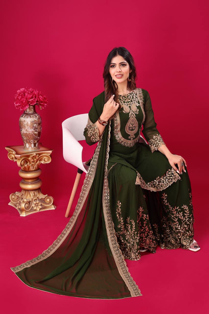 Divine Green Faux Georgette Sequins Embroidered Top Palazzo Suit - Ethnicwish