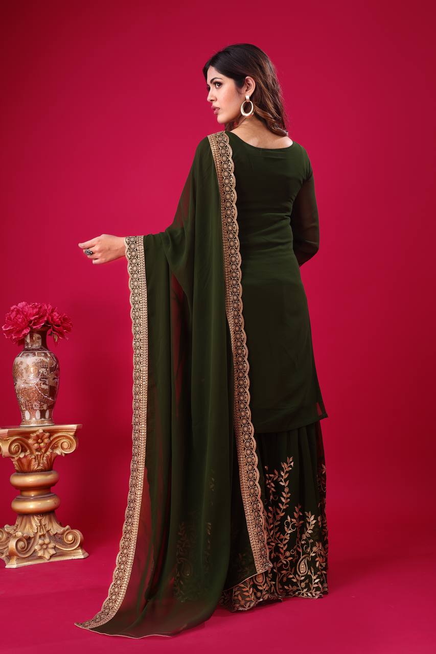 Divine Green Faux Georgette Sequins Embroidered Top Palazzo Suit - Ethnicwish