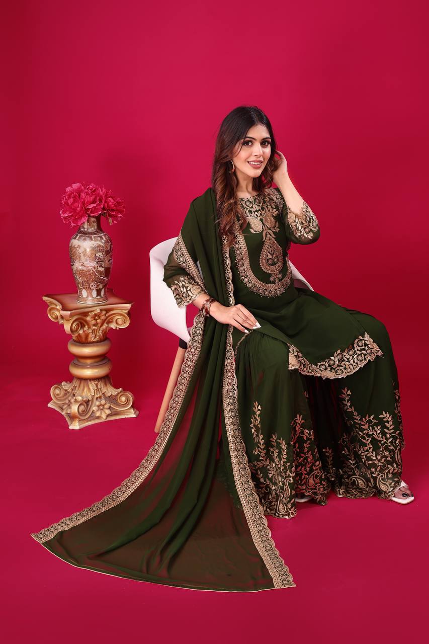 Divine Green Faux Georgette Sequins Embroidered Top Palazzo Suit - Ethnicwish