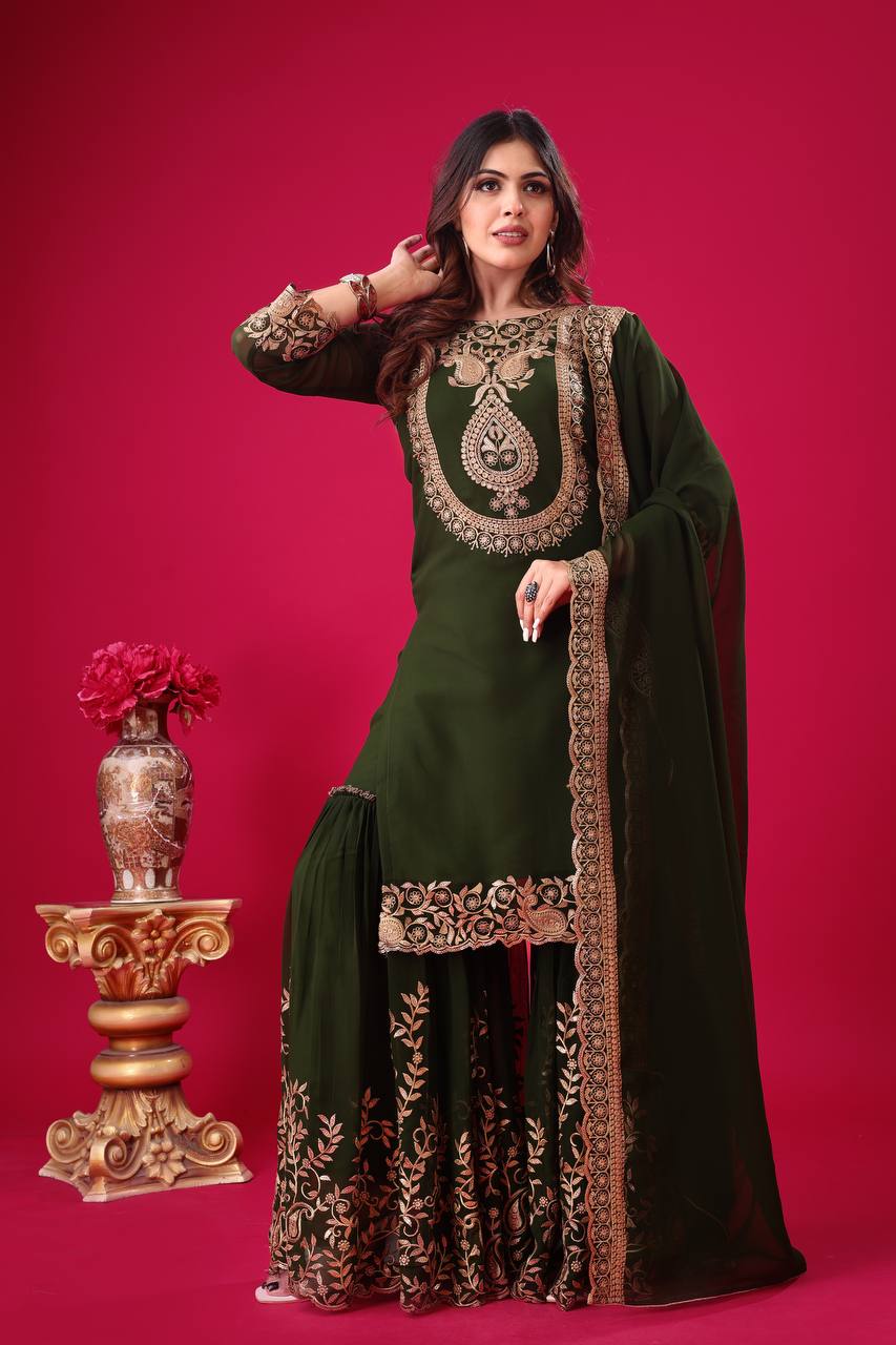 Divine Green Faux Georgette Sequins Embroidered Top Palazzo Suit - Ethnicwish