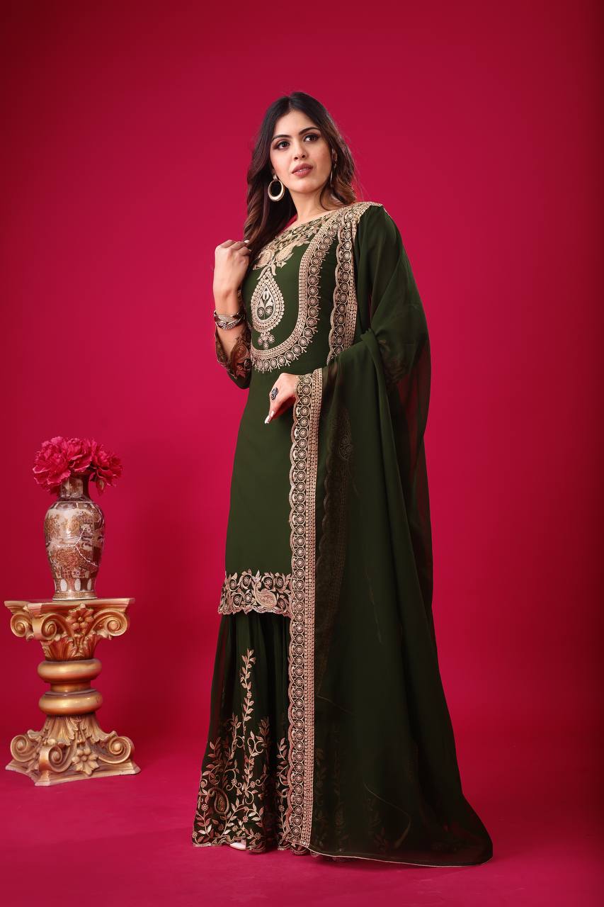 Divine Green Faux Georgette Sequins Embroidered Top Palazzo Suit - Ethnicwish