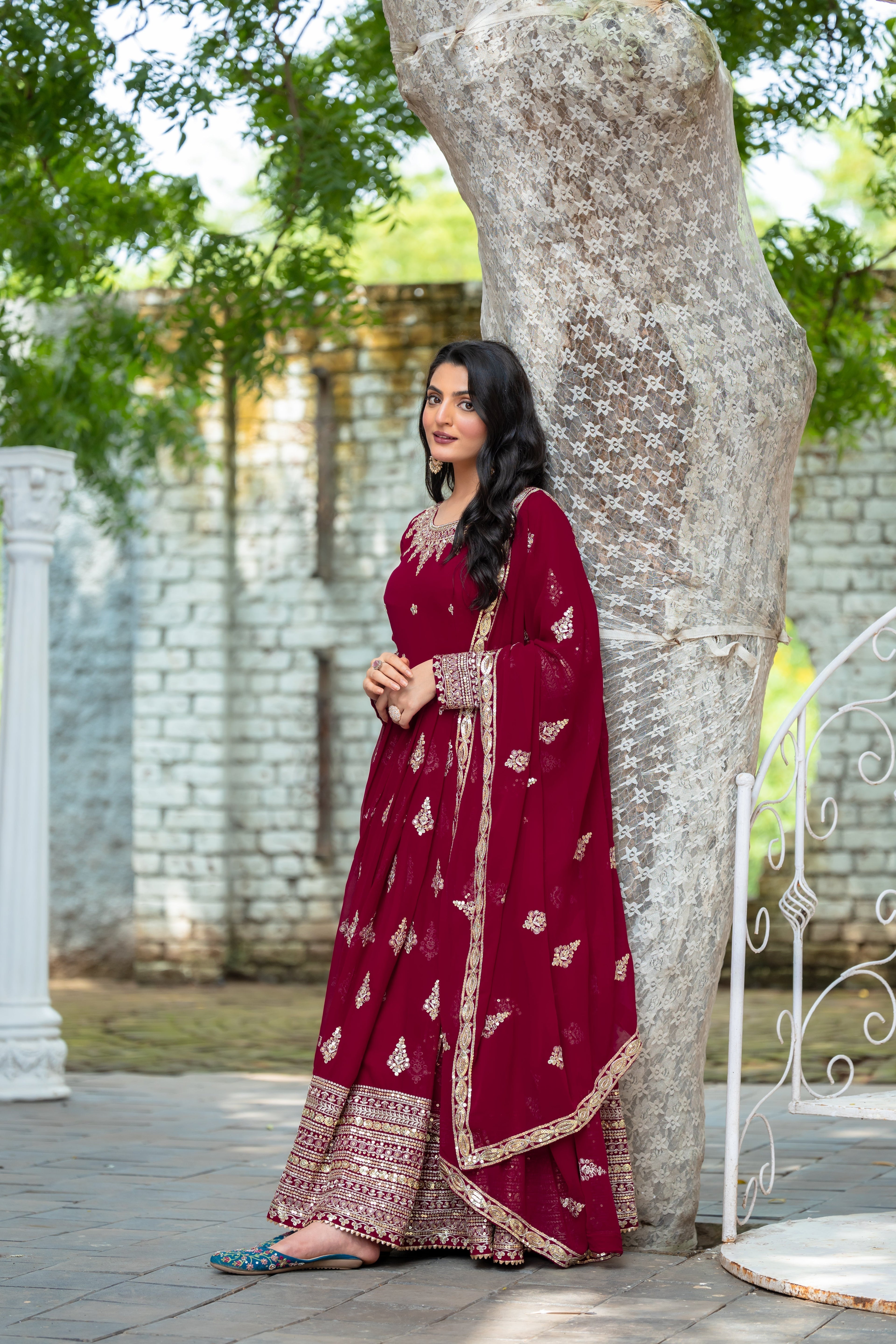 Sublime Maroon Faux Georgette Sequins Embroidered Anarkali Suit - ETHNICDEAL