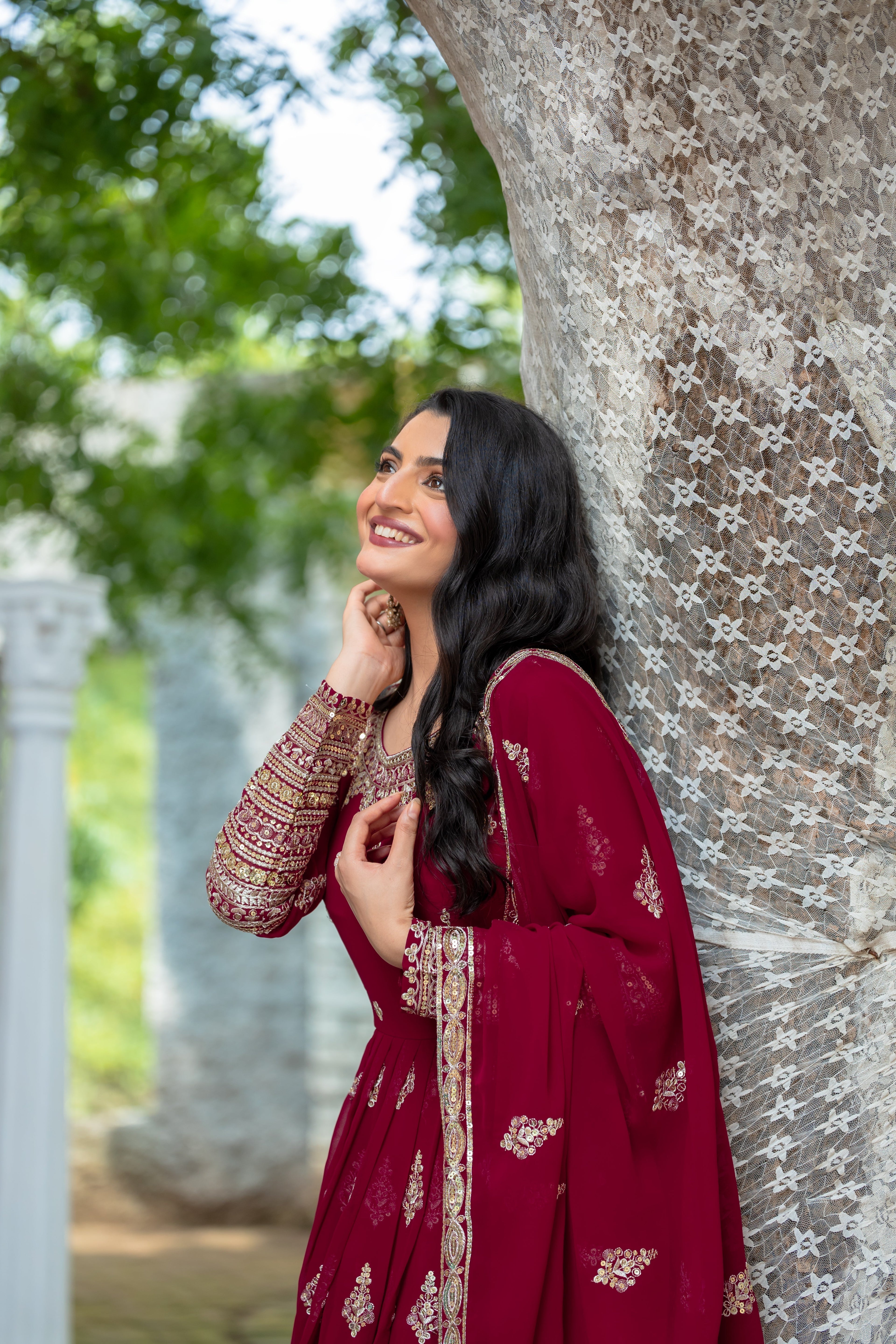 Sublime Maroon Faux Georgette Sequins Embroidered Anarkali Suit - ETHNICDEAL