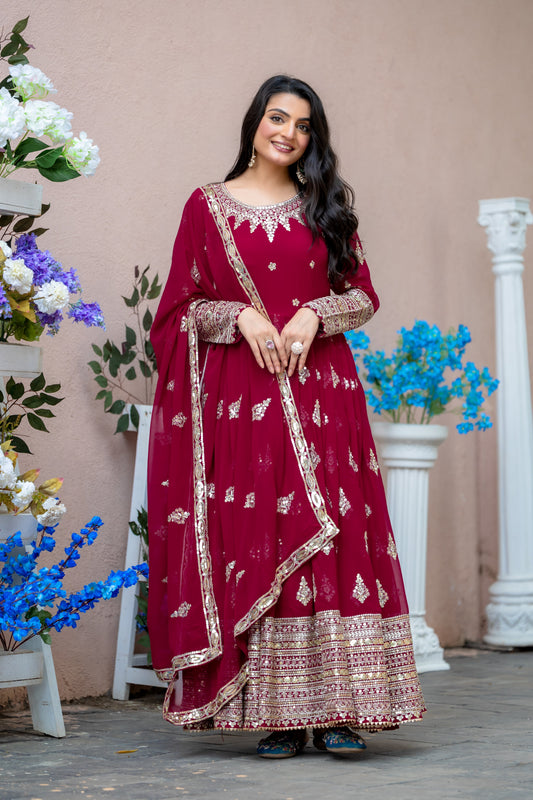 Sublime Maroon Faux Georgette Sequins Embroidered Anarkali Suit - ETHNICDEAL