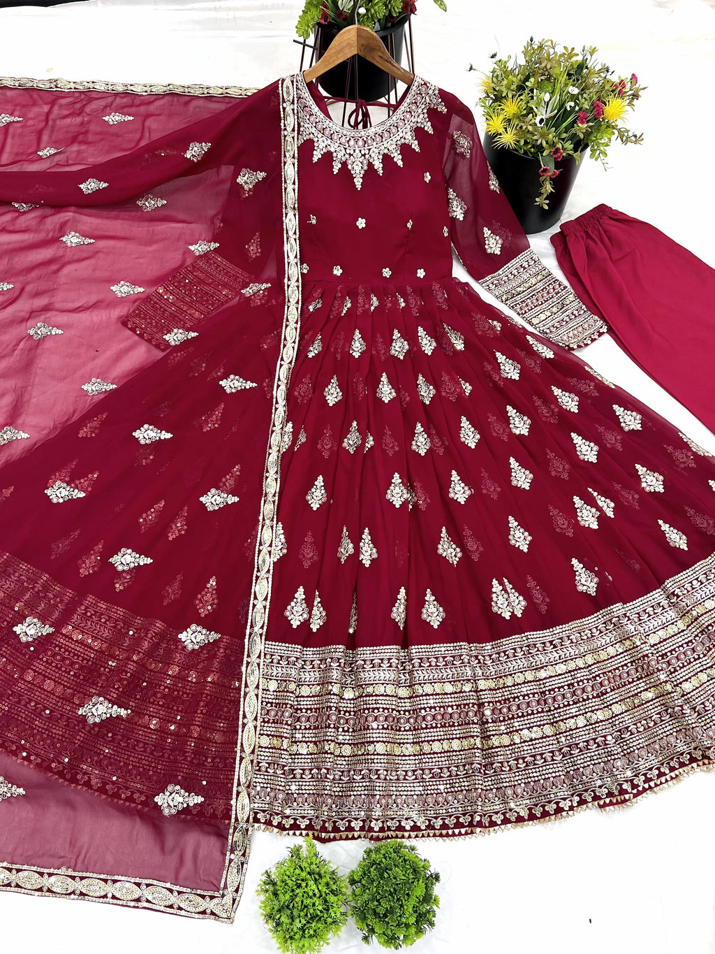 Sublime Maroon Faux Georgette Sequins Embroidered Anarkali Suit - ETHNICDEAL