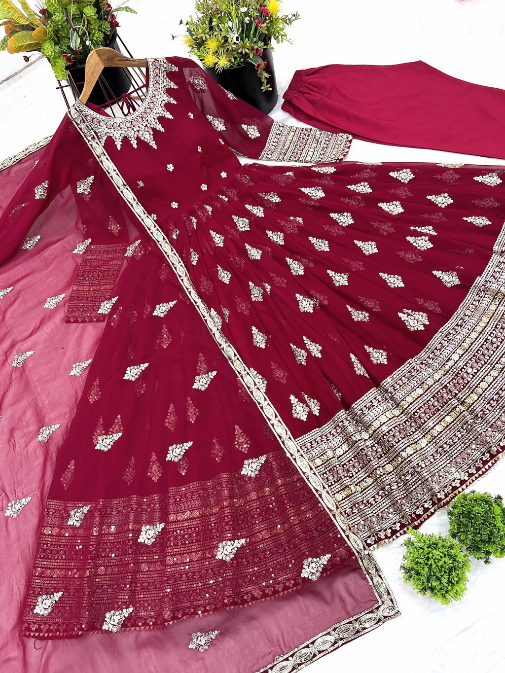 Sublime Maroon Faux Georgette Sequins Embroidered Anarkali Suit - ETHNICDEAL